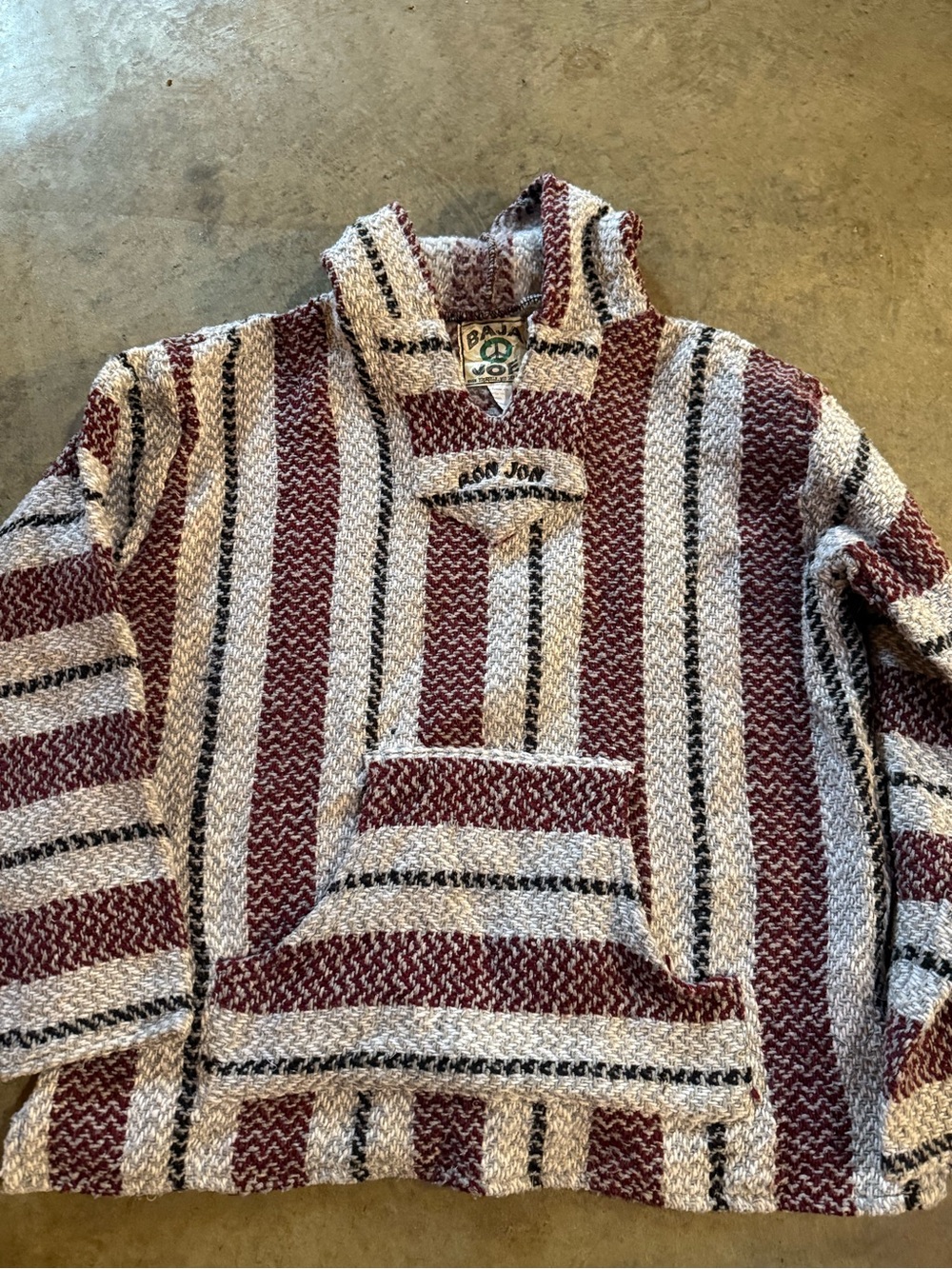 Baja Style Hooded Pullover Sweater - Burgundy & Cream
